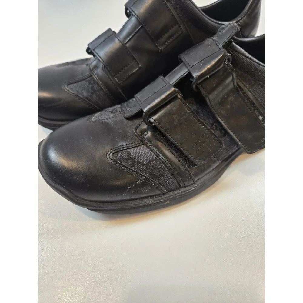 Gucci Shoes Mens Size 7.5 Black Strap Leather Canvas Logo Made In Italy